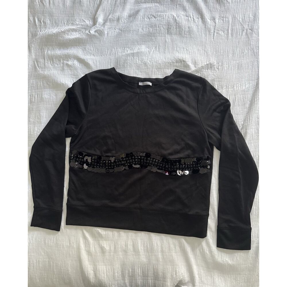 Zara Black Sweatshirt Sequins Beads Women's Large Long Sleeve Goth Holiday Glam